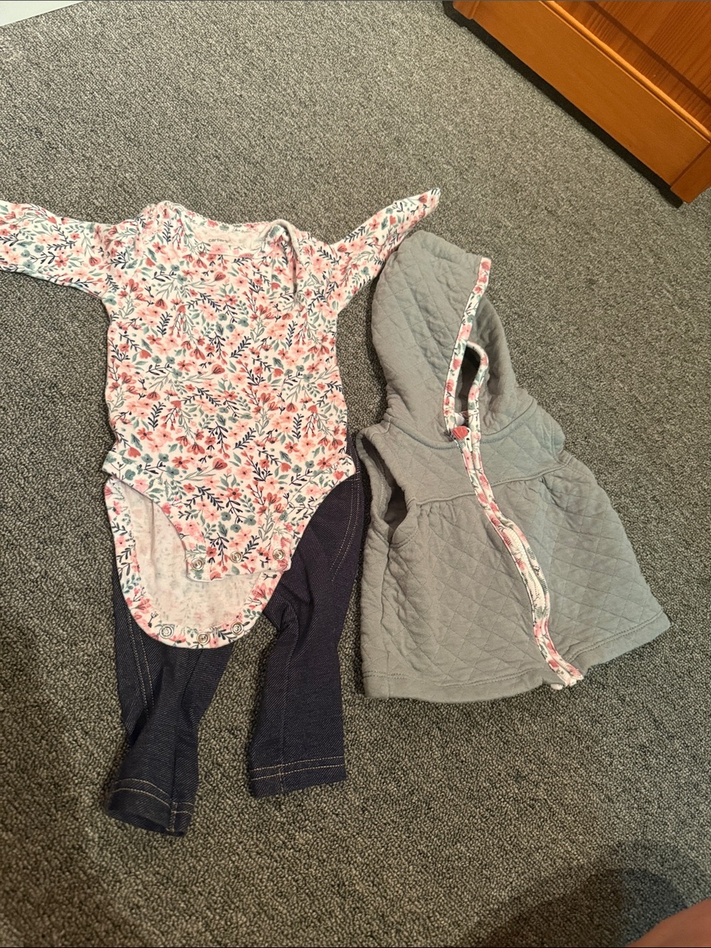 Floral Long Sleeve Bodysuit with Quilted Hooded Vest and Denim-Look Leggings